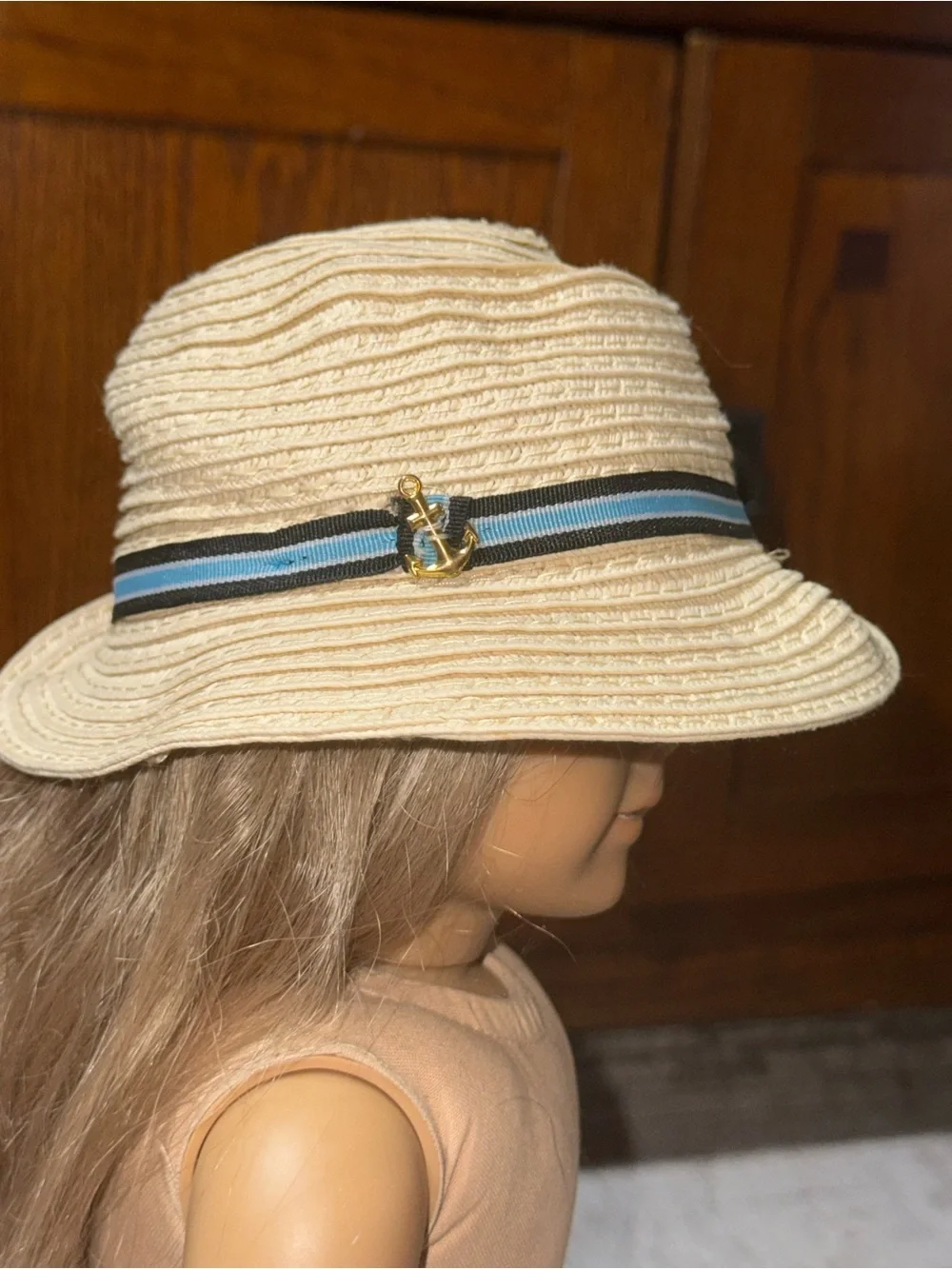 Straw sailor blue ribbon hat 18” dolls